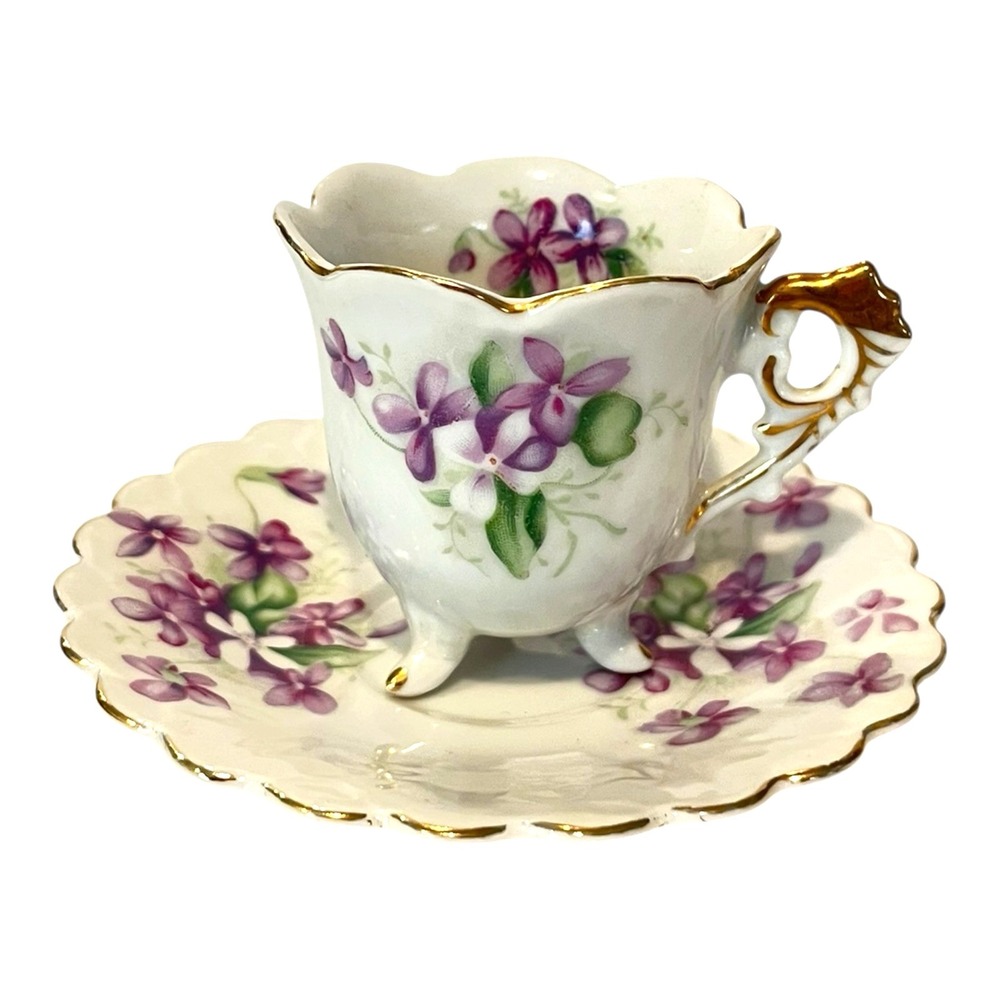 Vintage Demitasse Espresso Tea Cup & Saucer Purple Flowers Made in Japan